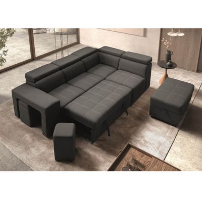 NERA - Canapé d'Angle Droit Convertible avec 2 Poufs et 1 Coffre Gris