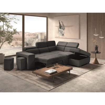 NERA - Canapé d'Angle Droit Convertible avec 2 Poufs et 1 Coffre Gris