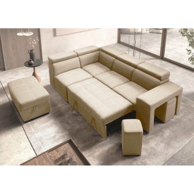 NERA - Canapé d'Angle Gauche Convertible avec 2 Poufs et 1 Coffre Beige