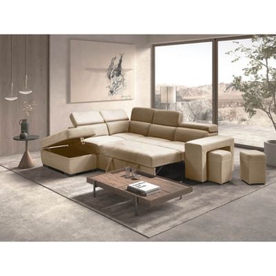 NERA - Canapé d'Angle Gauche Convertible avec 2 Poufs et 1 Coffre Beige