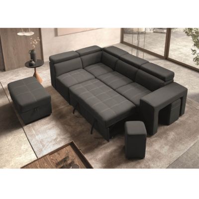 NERA - Canapé d'Angle  Gauche Convertible avec 2 Poufs et 1 Coffre Gris