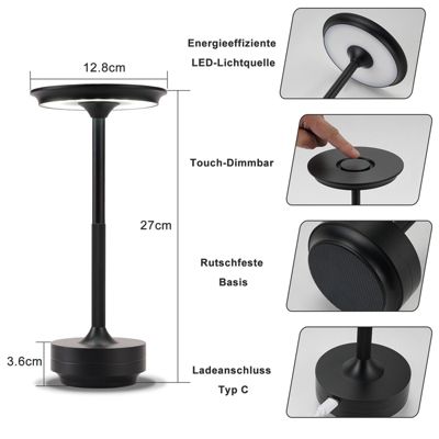 Nettlife lampe de chevet sans fil à led, rechargeable par usb, tactile, à intensité variable, noire
