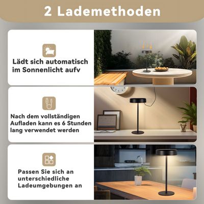 Nettlife lampe de table led solaire  sans fil rechargeable tactile à intensité variable noire 3 600 mha avec batterie usb