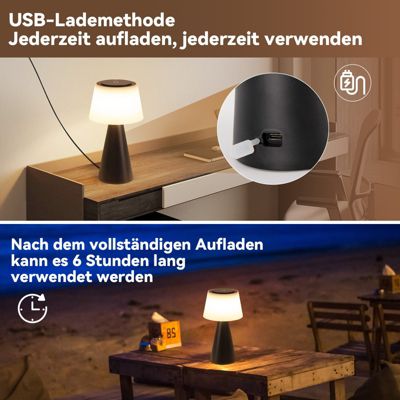 Nettlife lampe de table à piles, lampe de chevet led - 3600mha sans fil, lampe tactile à intensité variable noire
