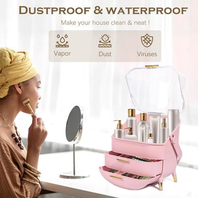 Nettlife Organisateur Maquillage Luxe, Grande Boîte Rangement Cosmétique Portable Étanche avec Tiroirs et Poignée Rose
