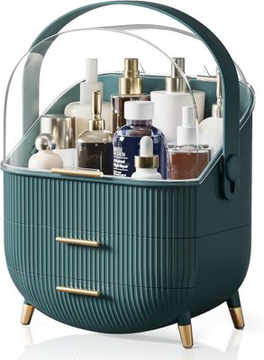 Nettlife Organisateur Maquillage Luxe, Grande Boîte Rangement Cosmétique Portable Étanche avec Tiroirs et Poignée Vert Foncé