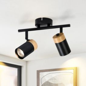 NETTLIFE Plafonnier 2 spots de  bois noir GU10 LED orientable pour couloir garage salon cuisine sans ampoule