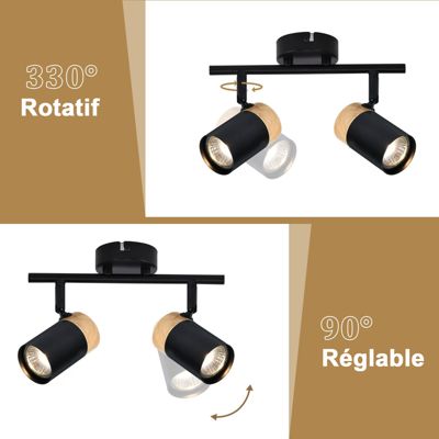 NETTLIFE Plafonnier 2 spots de  bois noir GU10 LED orientable pour couloir garage salon cuisine sans ampoule