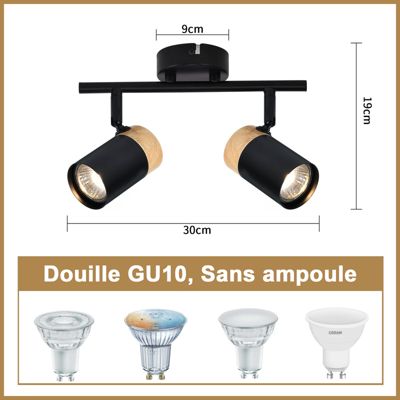 NETTLIFE Plafonnier 2 spots de  bois noir GU10 LED orientable pour couloir garage salon cuisine sans ampoule