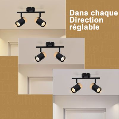 NETTLIFE Plafonnier 2 spots de  bois noir GU10 LED orientable pour couloir garage salon cuisine sans ampoule