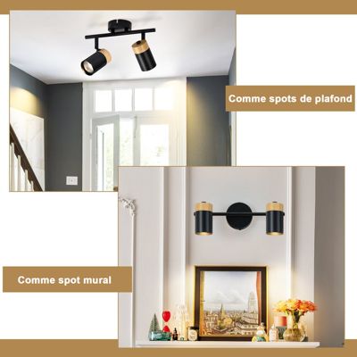 NETTLIFE Plafonnier 2 spots de  bois noir GU10 LED orientable pour couloir garage salon cuisine sans ampoule
