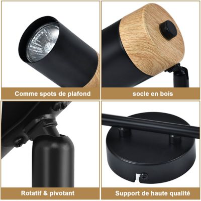 NETTLIFE Plafonnier 2 spots de  bois noir GU10 LED orientable pour couloir garage salon cuisine sans ampoule