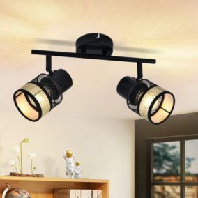 NETTLIFE Plafonnier 2 spots Max 25W métal E27 noir couloir vintage 330 avec abat-jour en tissu doré pour salon chambre cuisine