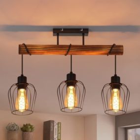 NETTLIFE Plafonnier 3 spots métal et bois noir E27 lampe de salon vintage en bois flammé au avec hauteur réglable sans ampoule