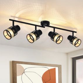 NETTLIFE Plafonnier 4 Spots  Métal E27 Max. 25W Vintage Noir Abat-Jour en Tissu Doré pour Salon Escaliers Salle à Manger