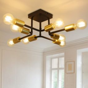 NETTLIFE plafonnier E27 métal vintage Lampe industrielle à 8 ampoules, noir et or, pour chambre à coucher salon