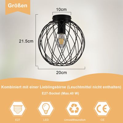 NETTLIFE Plafonnier industriel noir lampe de couloir vintage rond E27 1 ampoule rétro métal