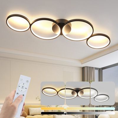 NETTLIFE Plafonnier LED Dimmable 100cm 4 Anneaux Moderne 56w Éclairage De Plafond Noir Avec Télécommande