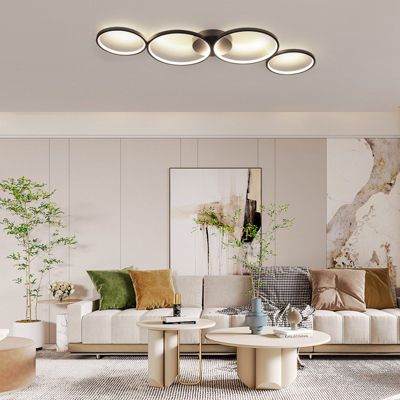NETTLIFE Plafonnier LED Dimmable 100cm 4 Anneaux Moderne 56w Éclairage De Plafond Noir Avec Télécommande