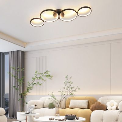 NETTLIFE Plafonnier LED Dimmable 100cm 4 Anneaux Moderne 56w Éclairage De Plafond Noir Avec Télécommande