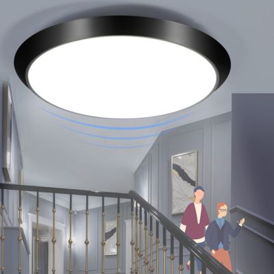 NETTLIFE Plafonnier LED noir, IP44, 15W, avec détecteur de mouvement intérieur, lampe ronde de cave 30 cm, 4000K