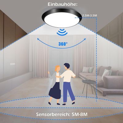 NETTLIFE Plafonnier LED noir, IP44, 15W, avec détecteur de mouvement intérieur, lampe ronde de cave 30 cm, 4000K