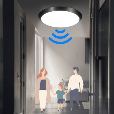 NETTLIFE Plafonnier LED noir, IP44, 15W, avec détecteur de mouvement intérieur, lampe ronde de cave 30 cm, 4000K