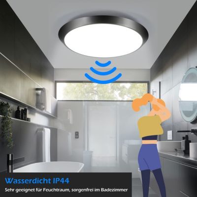 NETTLIFE Plafonnier LED noir, IP44, 15W, avec détecteur de mouvement intérieur, lampe ronde de cave 30 cm, 4000K