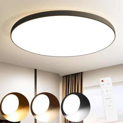 NETTLIFE Plafonnier LED plat, 30W, dimmable, noir, IP44, pour chambre, cuisine, cave 28 cm et salle de bain, avec télécommande