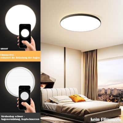 NETTLIFE Plafonnier LED plat, 30W, dimmable, noir, IP44, pour chambre, cuisine, cave 28 cm et salle de bain, avec télécommande