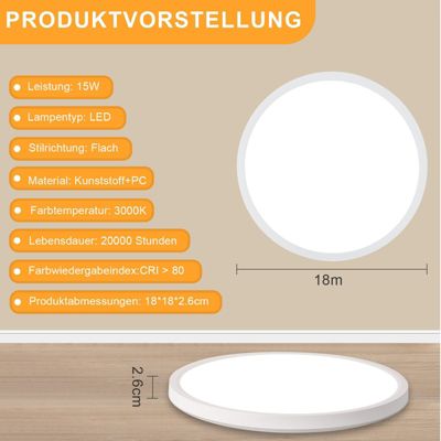 NETTLIFE Plafonnier LED Plat Pour Chambre à Coucher  18 Cm 15 W Non Dimmable Blanc Chaud 3 000 K