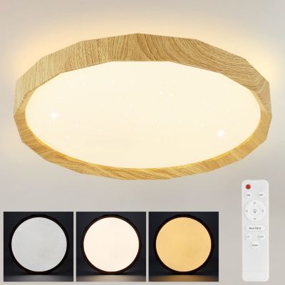 NETTLIFE Plafonnier LED Salon, aspect bois, 40cm, 43W, dimmable, pour chambre et salon, avec télécommande