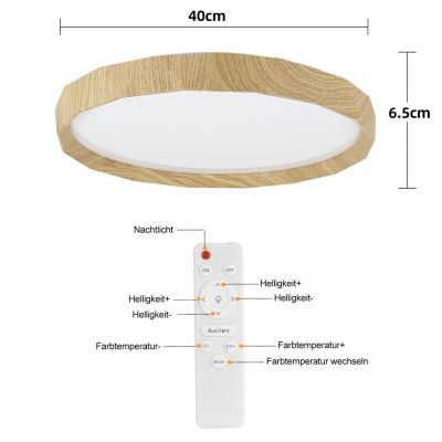 NETTLIFE Plafonnier LED Salon, aspect bois, 40cm, 43W, dimmable, pour chambre et salon, avec télécommande