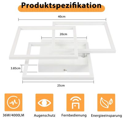 NETTLIFE Plafonnier LED Salon Blanc Dimmable Carré Moderne 36w Avec Télécommande