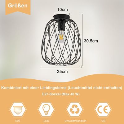 NETTLIFE Plafonnier noir lampe de couloir plafonnier vintage industriel rétro E27 1 ampoule lampe ronde métal