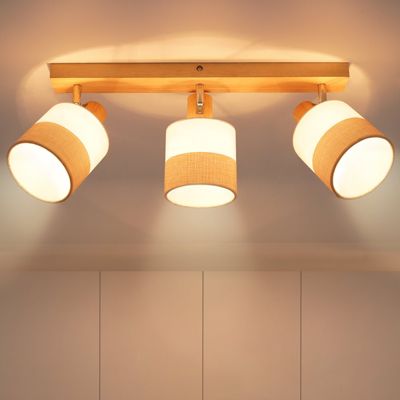 NETTLIFE Plafonnier spot 3 flammes bois - plafonnier vintage E14 abat-jour tissu rétro