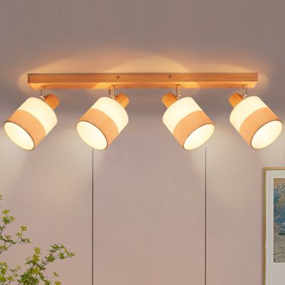 NETTLIFE Plafonnier spot 4 flammes bois - plafonnier vintage E14 abat-jour tissu rétro