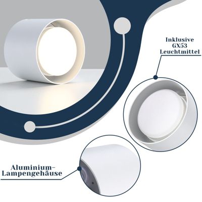 NETTLIFE Plafonnier Spot LED Blanc : Plafond rond en saillie, alum. 230V, ampoule GX53 5W 3000K, pour chambre, couloir