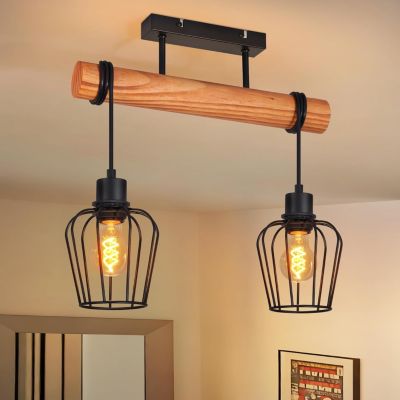 Nettlife Plafonnier Vintage Bois et Métal Noir, Luminaire de Plafond Industriel Rétro 2 Lampes E27(Sans Ampoule)