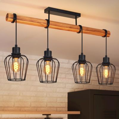 Nettlife Plafonnier Vintage Bois et Métal Noir, Luminaire Industriel 4 Lampes E27 (Sans Ampoule)