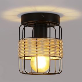 NETTLIFE Plafonnier Vintage E27 Spot Noir Lampe en Rotin Industriel Boho Métal Bambou Lampe de Cuisine pour Salon Couloir Entrée