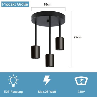 NETTLIFE Plafonnier vintage noir - Spot de plafond suspendu à 3 lampes E27 avec 3 spots