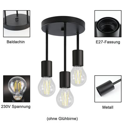 NETTLIFE Plafonnier vintage noir - Spot de plafond suspendu à 3 lampes E27 avec 3 spots