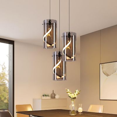 Nettlife Suspension LED Vintage 3 Lumières - Verre Gris Fumé Rond, 23W 3000K, Rétro, Réglable, Lampe de Table à Manger