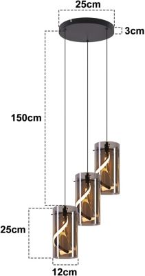 Nettlife Suspension LED Vintage 3 Lumières - Verre Gris Fumé Rond, 23W 3000K, Rétro, Réglable, Lampe de Table à Manger