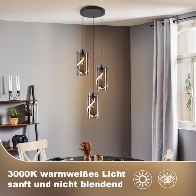 Nettlife Suspension LED Vintage 3 Lumières - Verre Gris Fumé Rond, 23W 3000K, Rétro, Réglable, Lampe de Table à Manger