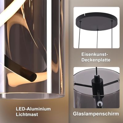 Nettlife Suspension LED Vintage 3 Lumières - Verre Gris Fumé Rond, 23W 3000K, Rétro, Réglable, Lampe de Table à Manger