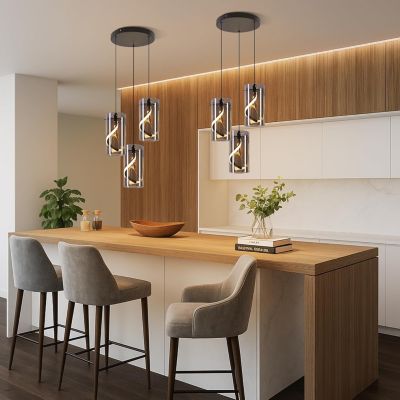 Nettlife Suspension LED Vintage 3 Lumières - Verre Gris Fumé Rond, 23W 3000K, Rétro, Réglable, Lampe de Table à Manger