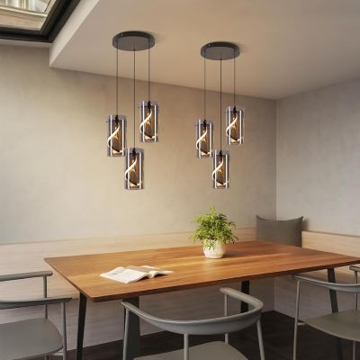 Nettlife Suspension LED Vintage 3 Lumières - Verre Gris Fumé Rond, 23W 3000K, Rétro, Réglable, Lampe de Table à Manger