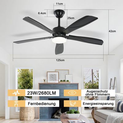 NETTLIFE Ventilateur de plafond avec éclairage LED silencieux Mode Été Hiver Intensité variable 23W Noir 125 cm